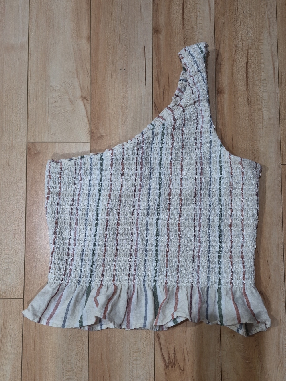 American Eagle Women's Size Small Cream One-Shoulder Striped Smocked Peplum Tank